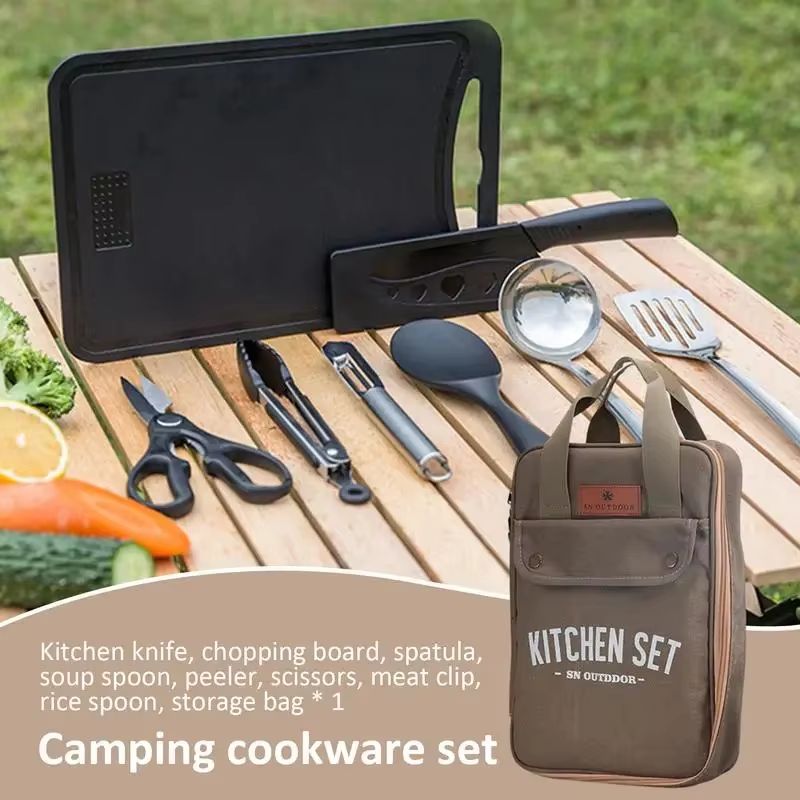 8pcs Camping Kitchen Cookware  - đánh giá và giá Camping Cooking Equipment Bag