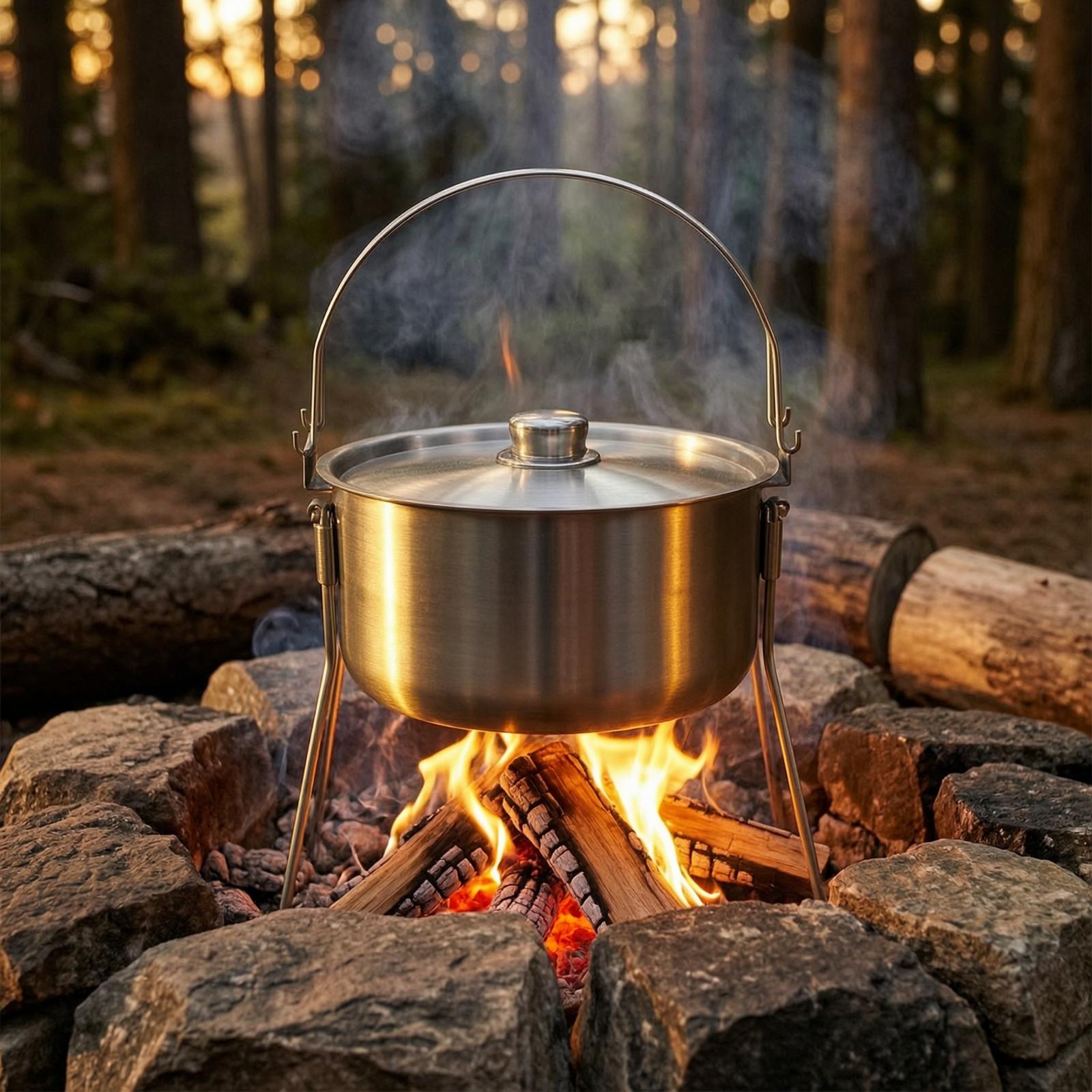 Pot with Tripod Frame Stainles - đánh giá và giá Camping Cooking Pot With Lid